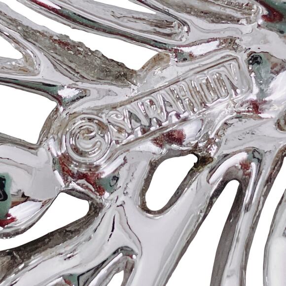 VTG Signed Sarah Coventry 60s Silver Tone Feather Brooch Green Faux Pearls - Picture 7 of 14